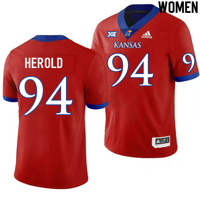 Women #94 Blake Herold Kansas Jayhawks College Football Jerseys Stitched Sale-Red
